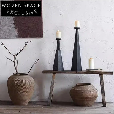 Wabi-Sabi Vintage Black Wood Decorative Console Table Candle Holders