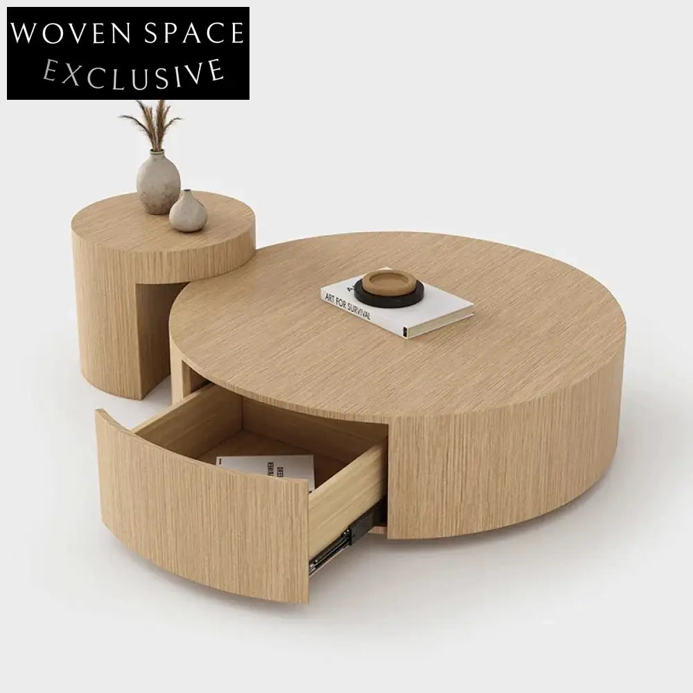 Wabi-Sabi Wood Round Coffee Table with Drawers for Living Room Center