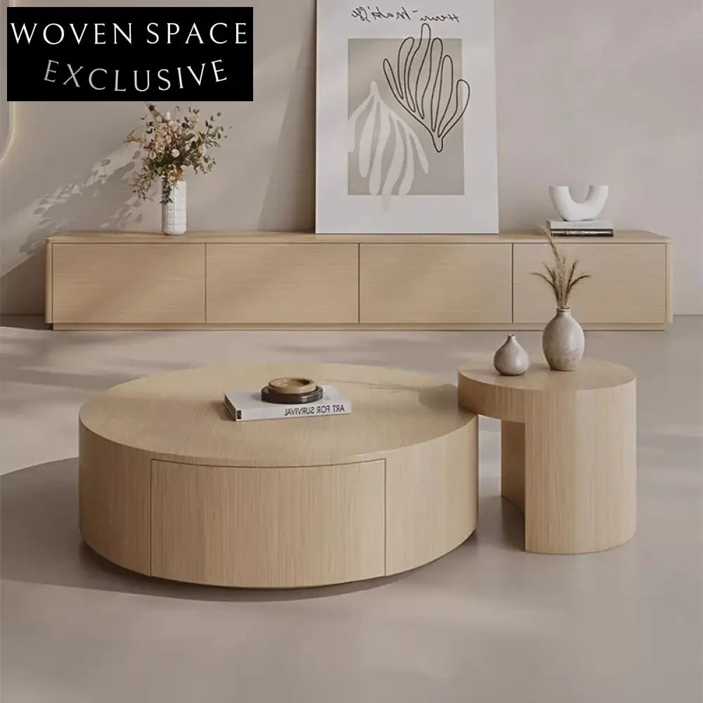 Wabi-Sabi Wood Round Coffee Table with Drawers for Living Room Center