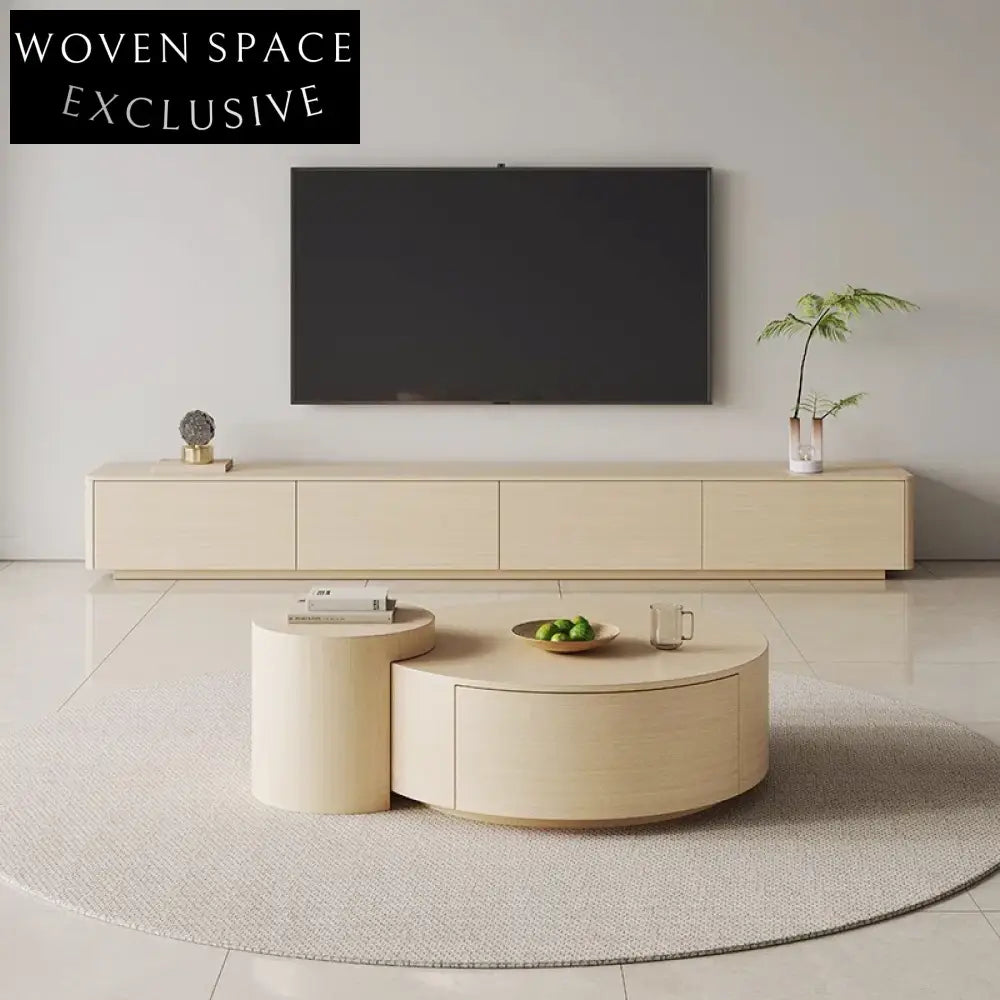 Wabi-Sabi Wood Round Coffee Table with Drawers for Living Room Center