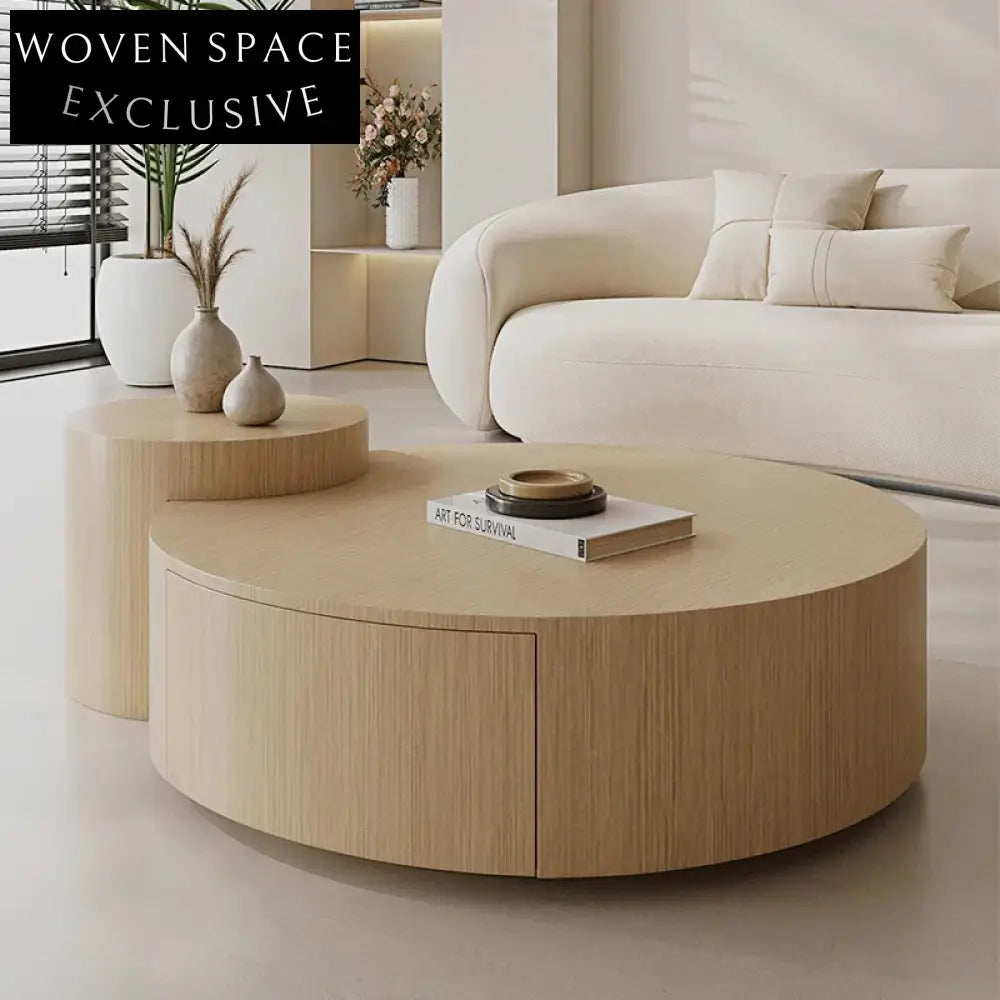 Wabi-Sabi Wood Round Coffee Table with Drawers for Living Room Center
