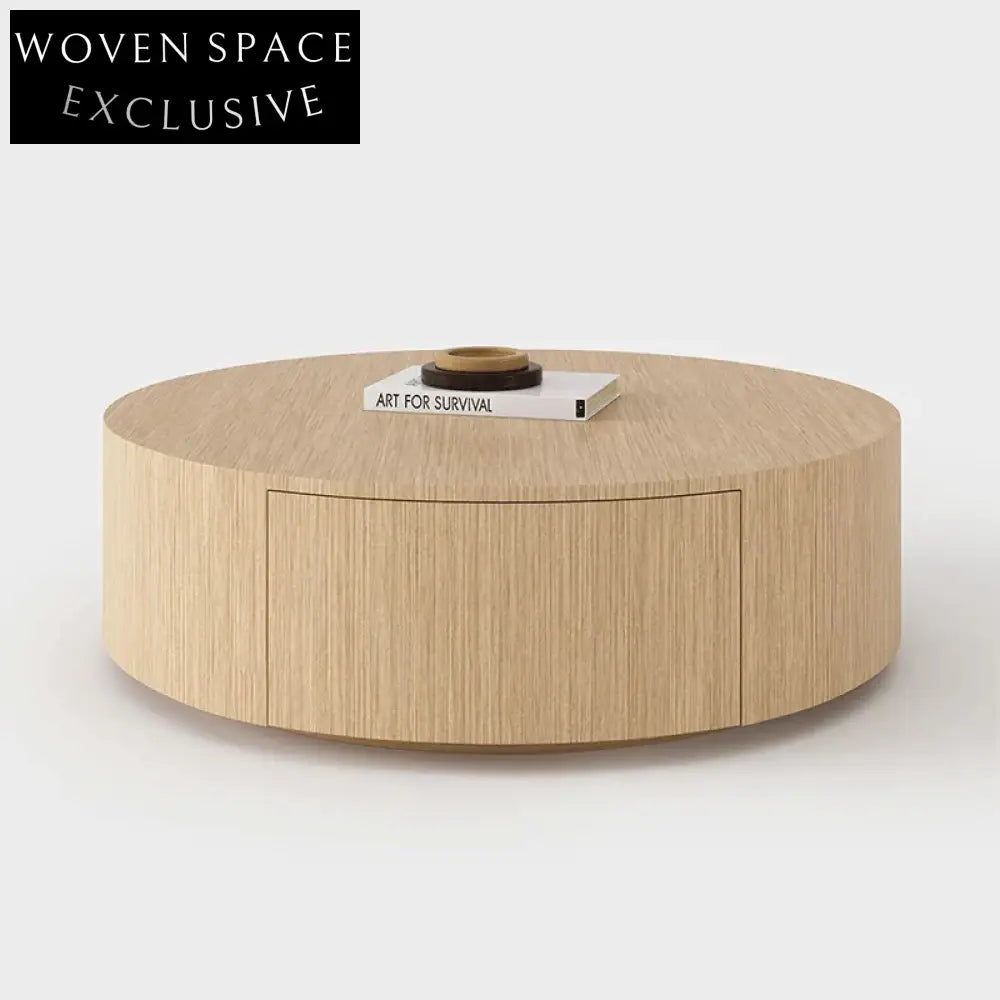 Wabi-Sabi Wood Round Coffee Table with Drawers for Living Room Center