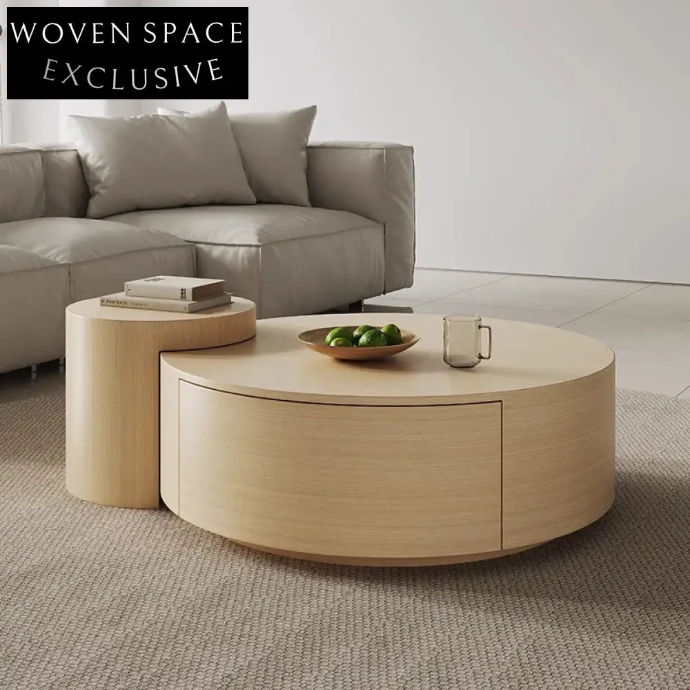 Wabi-Sabi Wood Round Coffee Table with Drawers for Living Room Center