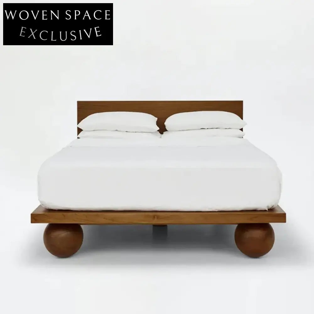Walnut Finish Solid Wood King Queen Panel Bed with Fabric Headboard