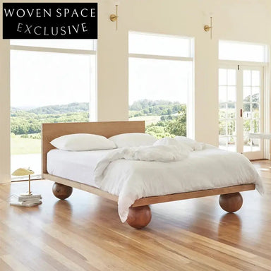 Walnut Finish Solid Wood King Queen Panel Bed with Fabric Headboard