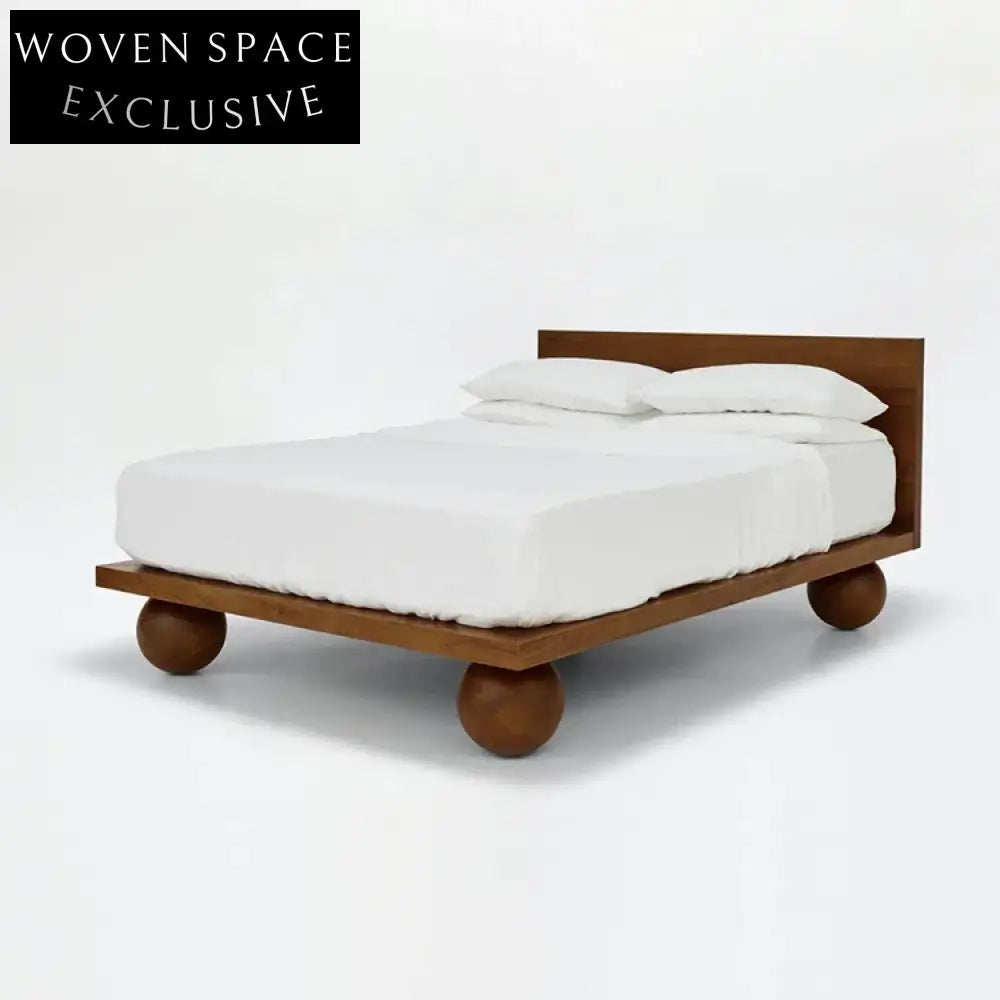 Walnut Finish Solid Wood King Queen Panel Bed with Fabric Headboard