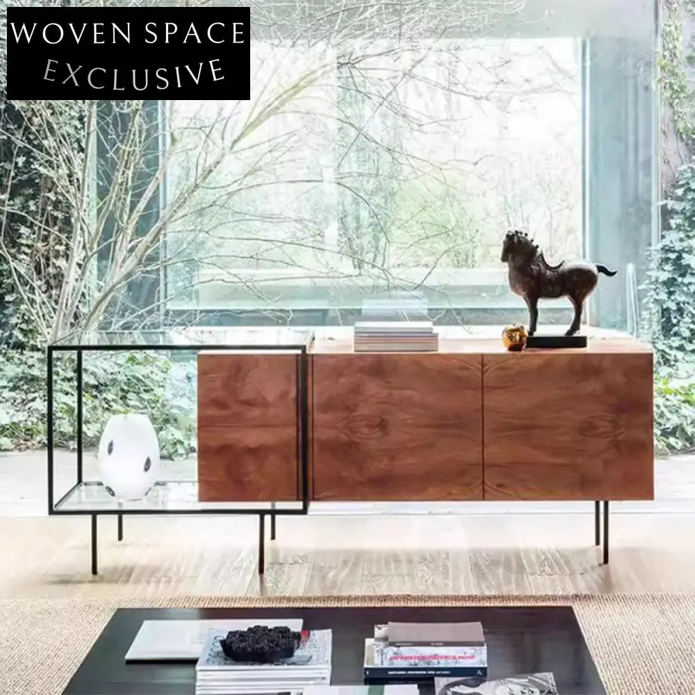 Walnut Solid Wood Console Cabinet with Glass Doors, Adjustable TV Unit