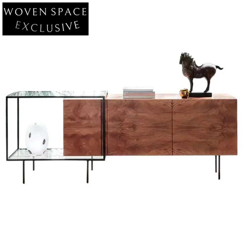 Walnut Solid Wood Console Cabinet with Glass Doors, Adjustable TV Unit