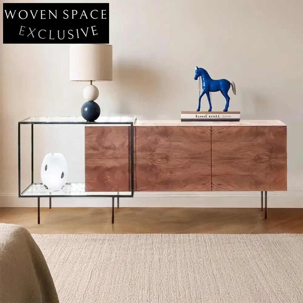 Walnut Solid Wood Console Cabinet with Glass Doors, Adjustable TV Unit