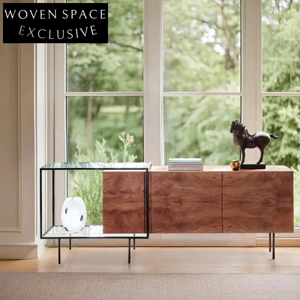 Walnut Solid Wood Console Cabinet with Glass Doors, Adjustable TV Unit