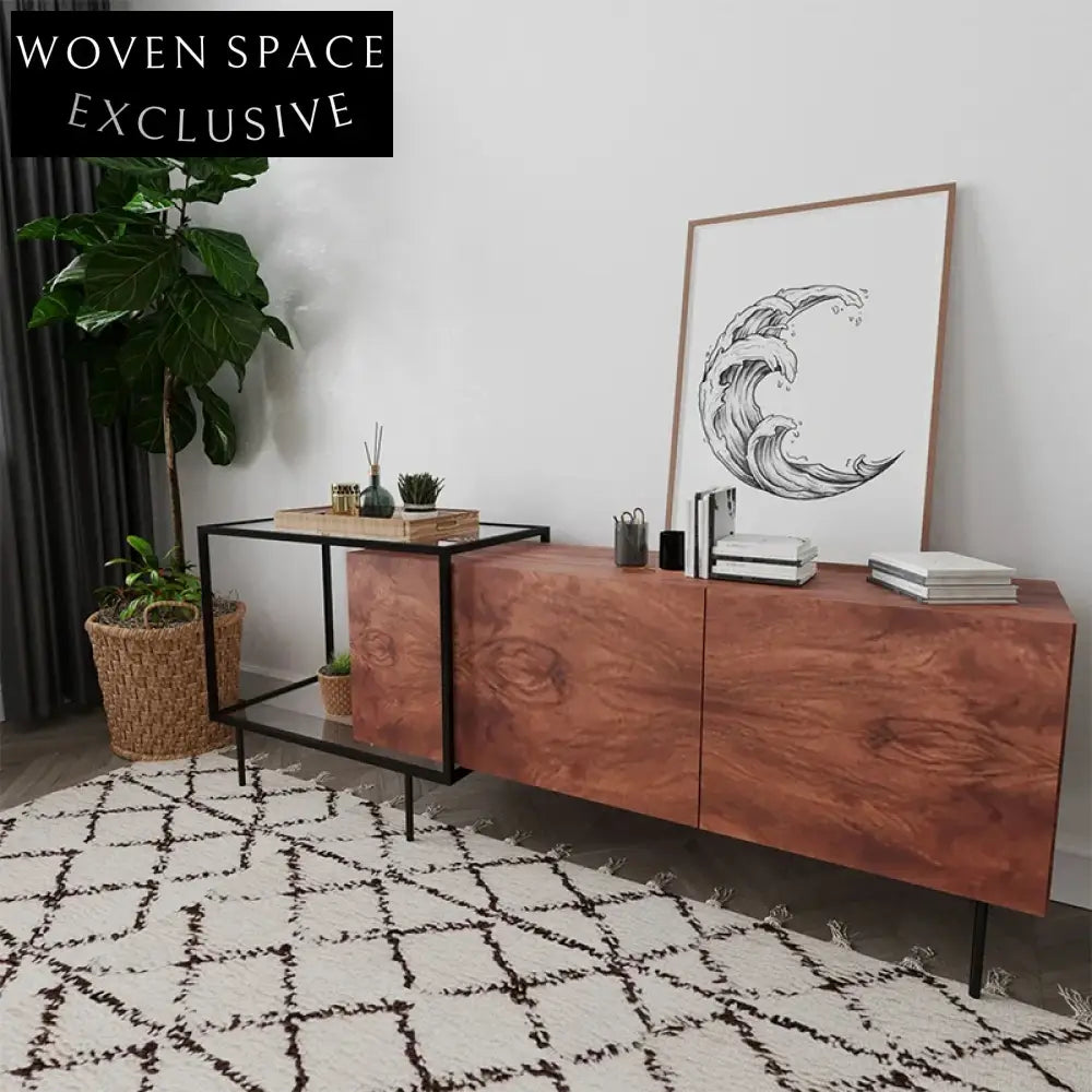 Walnut Solid Wood Console Cabinet with Glass Doors, Adjustable TV Unit