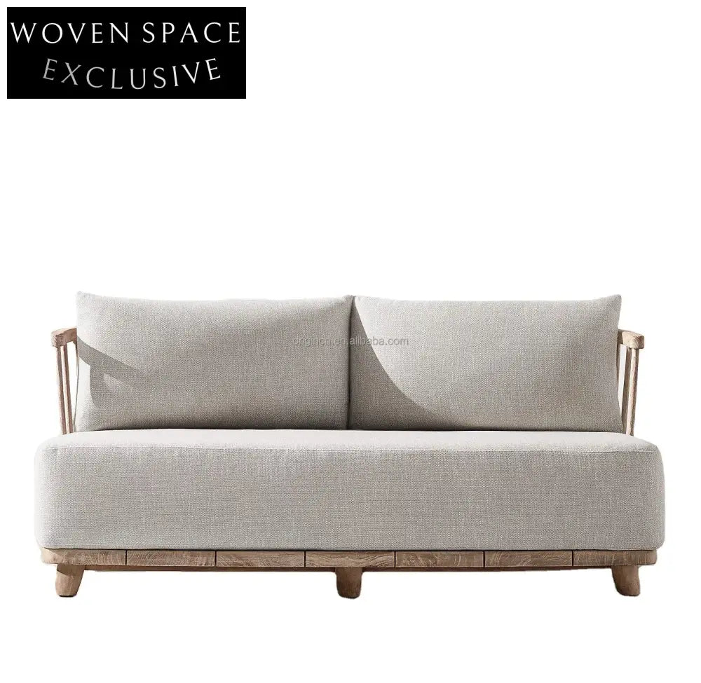 Luxury Weathered Solid Teak Wood Outdoor Garden Sofa with Plush Linen Cushions