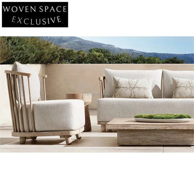 Luxury Weathered Solid Teak Wood Outdoor Garden Sofa with Plush Linen Cushions