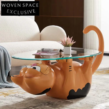 Whimsical Cat Shaped Modern Fiberglass Glass Top Living Room Coffee Table