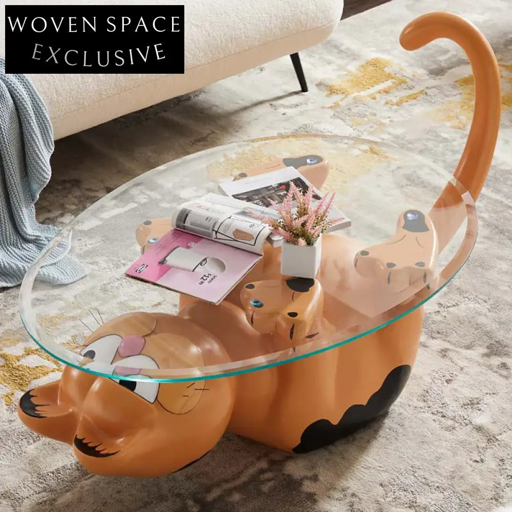 Whimsical Cat Shaped Modern Fiberglass Glass Top Living Room Coffee Table