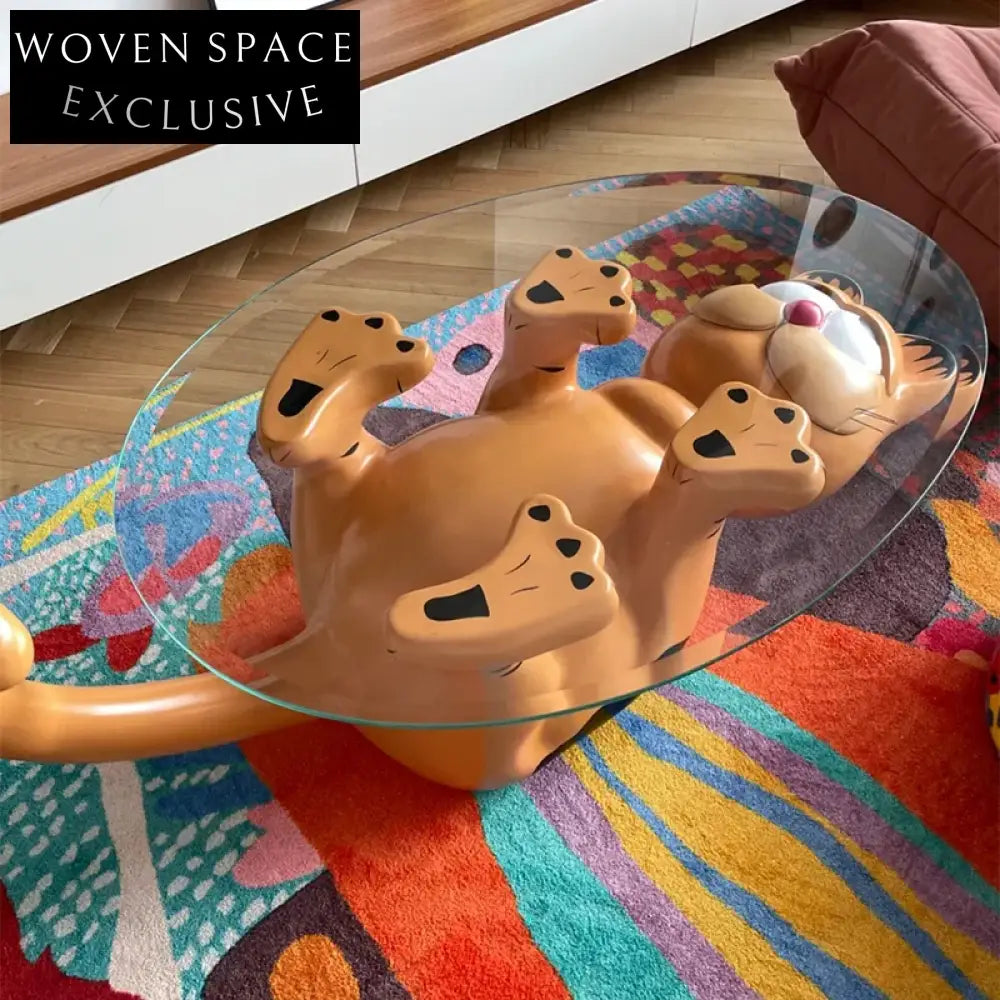 Whimsical Cat Shaped Modern Fiberglass Glass Top Living Room Coffee Table