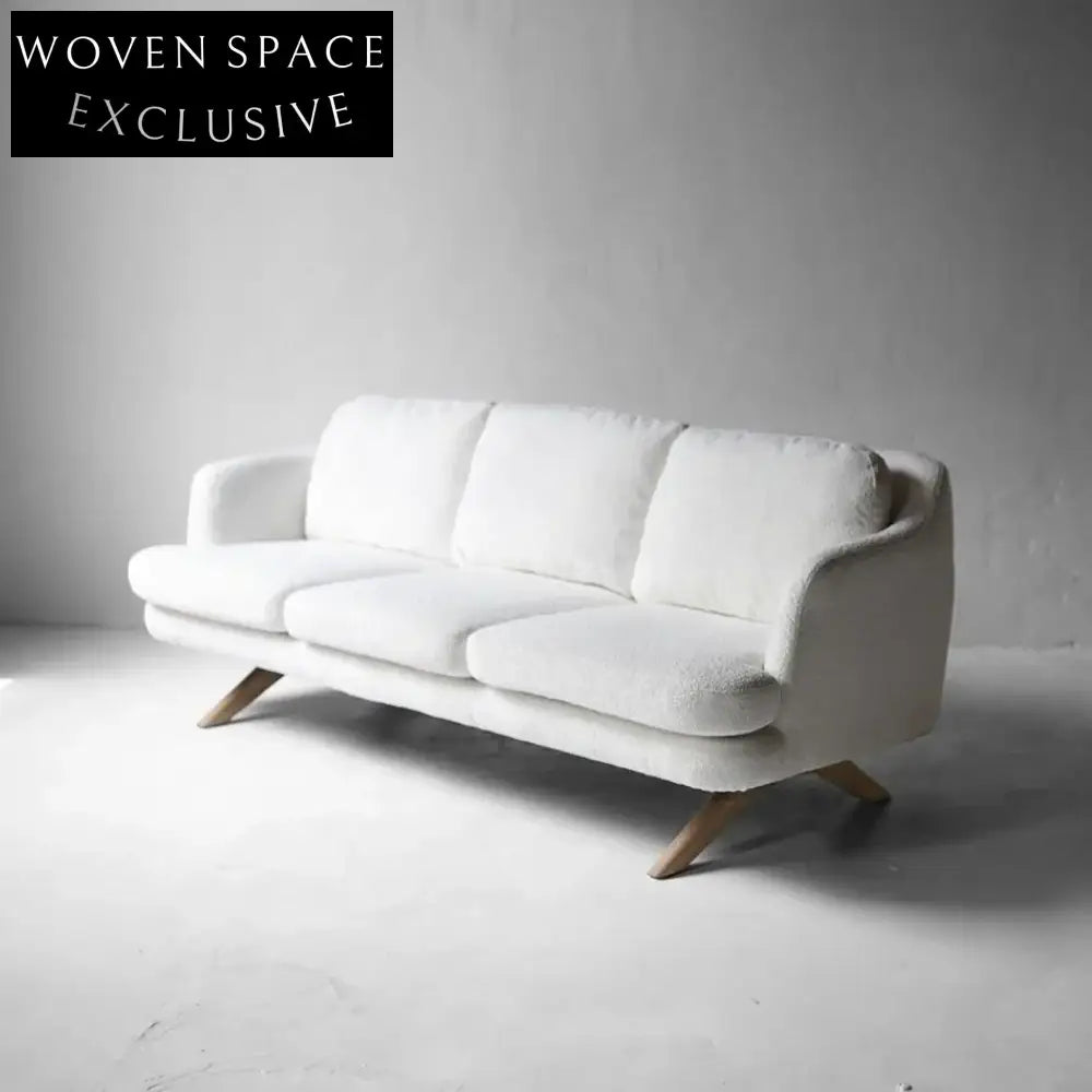 Chic Boucle Nordic Three-Seater Sofa: Modern Wooden Frame Living Room Furniture
