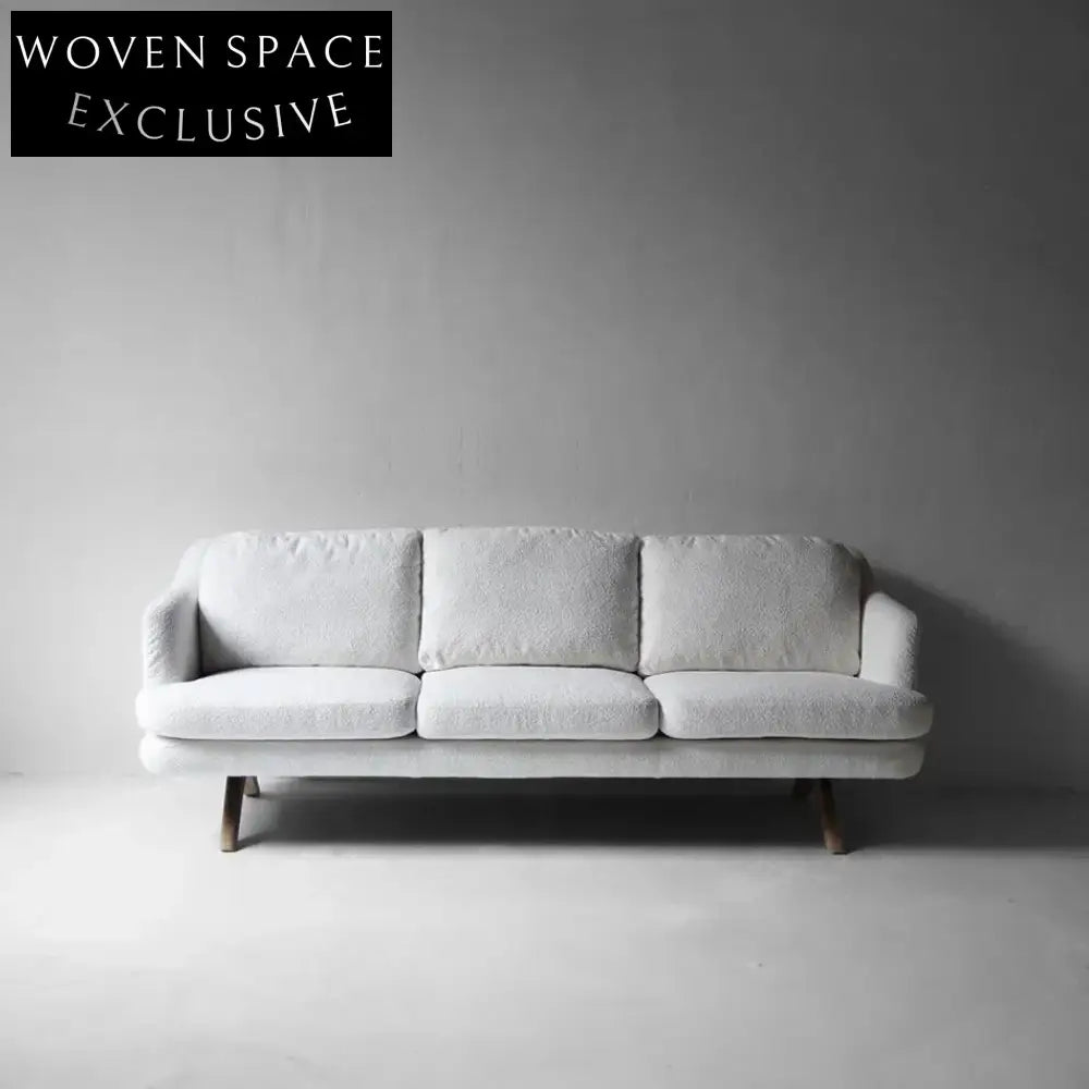 Chic Boucle Nordic Three-Seater Sofa: Modern Wooden Frame Living Room Furniture