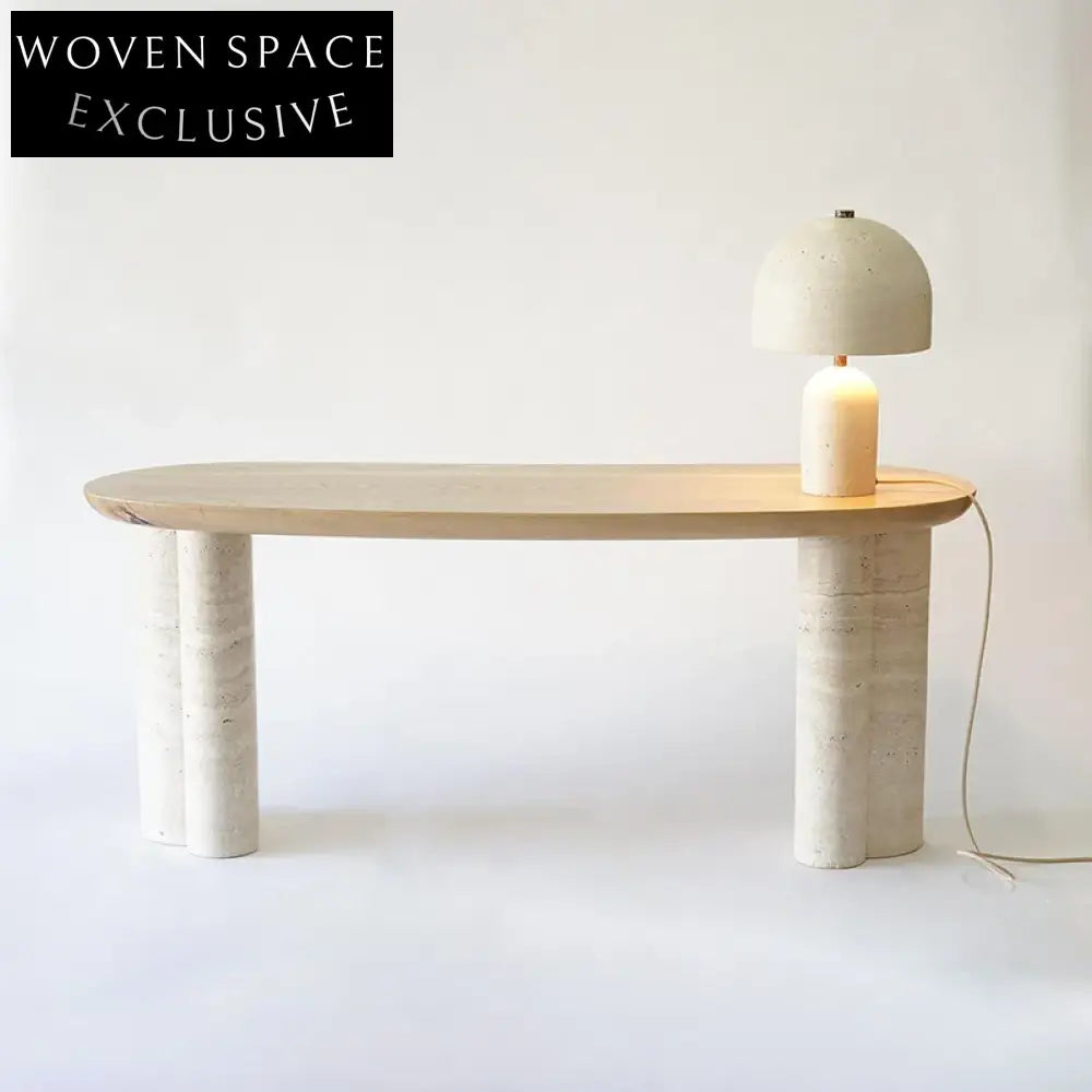 WISEMAX FURNITURE Nordic Minimalist Travertine Top Wood Frame Living Room Desk Table