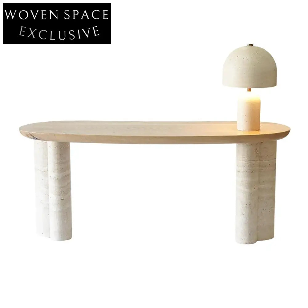 WISEMAX FURNITURE Nordic Minimalist Travertine Top Wood Frame Living Room Desk Table