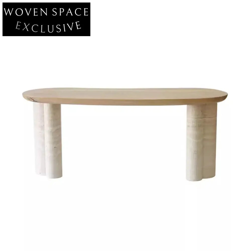 WISEMAX FURNITURE Nordic Minimalist Travertine Top Wood Frame Living Room Desk Table