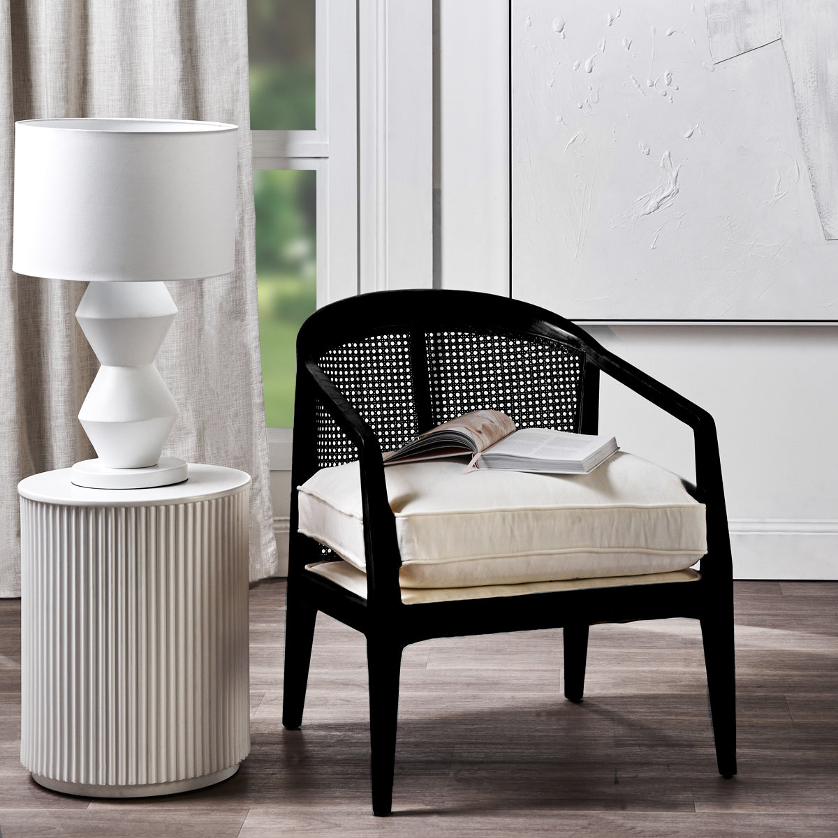 Willow Black Rattan Arm Chair - White Linen