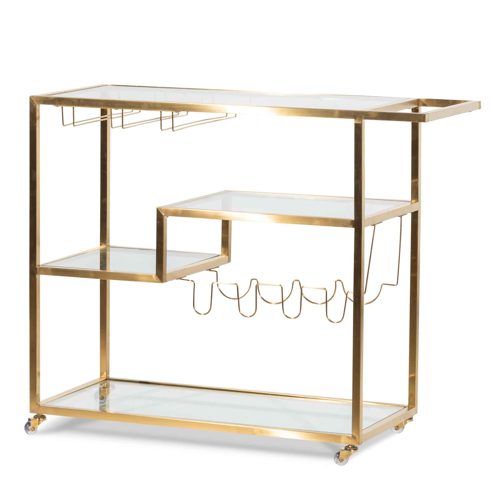 CBR6223-BS Glass Bar Cart - Brushed Gold Base