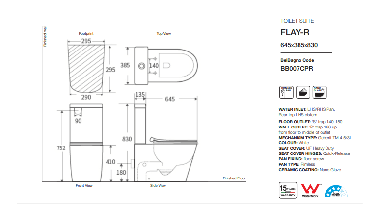 Belbagno FLAY-R RIMLESS NANO GLAZE TOILET SUITE BB007CPR pic5