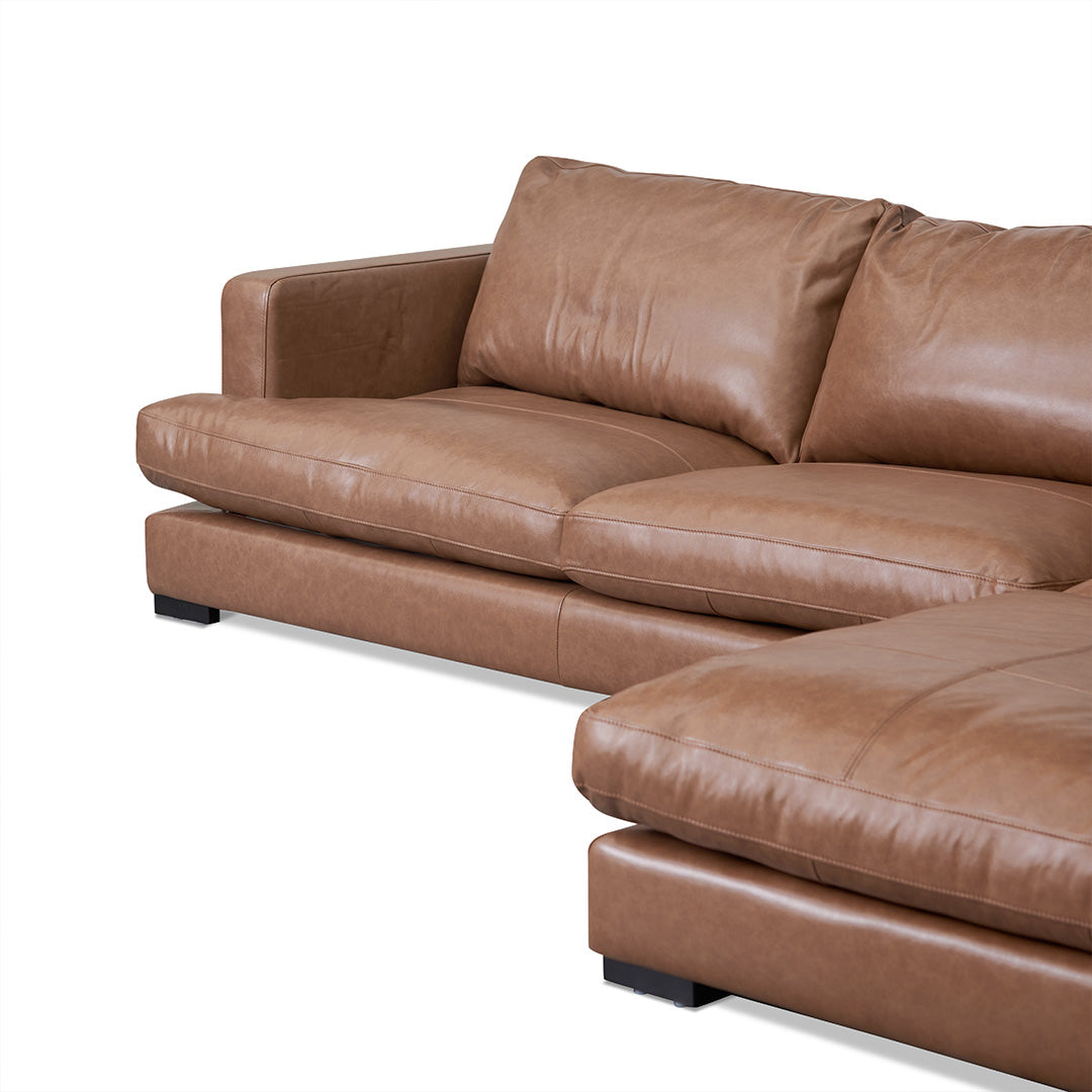 Lucinda 4 Seater Right Chaise Leather Sofa - Caramel Brown