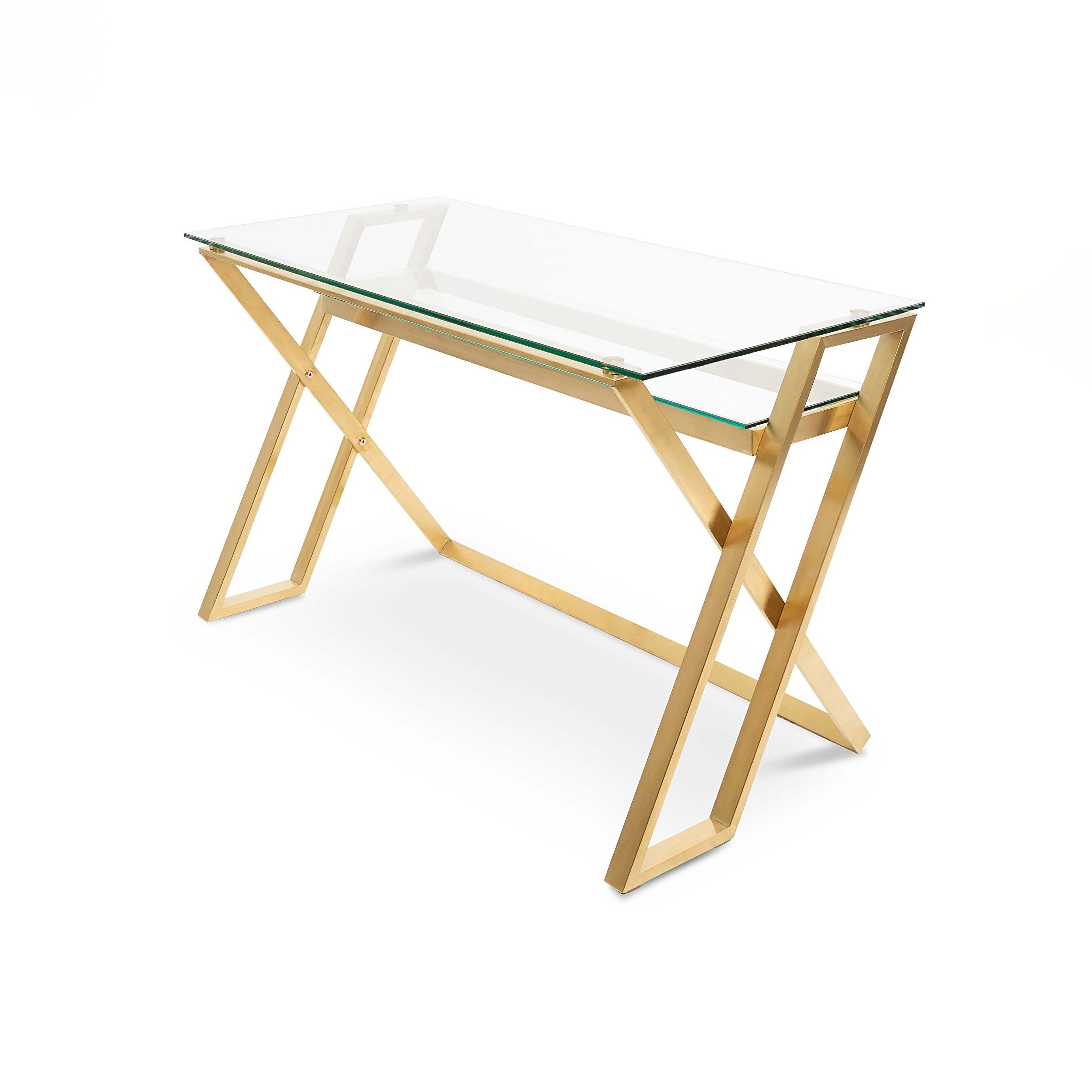 Vanessa Glass Home Office Desk - Brushed Gold Base