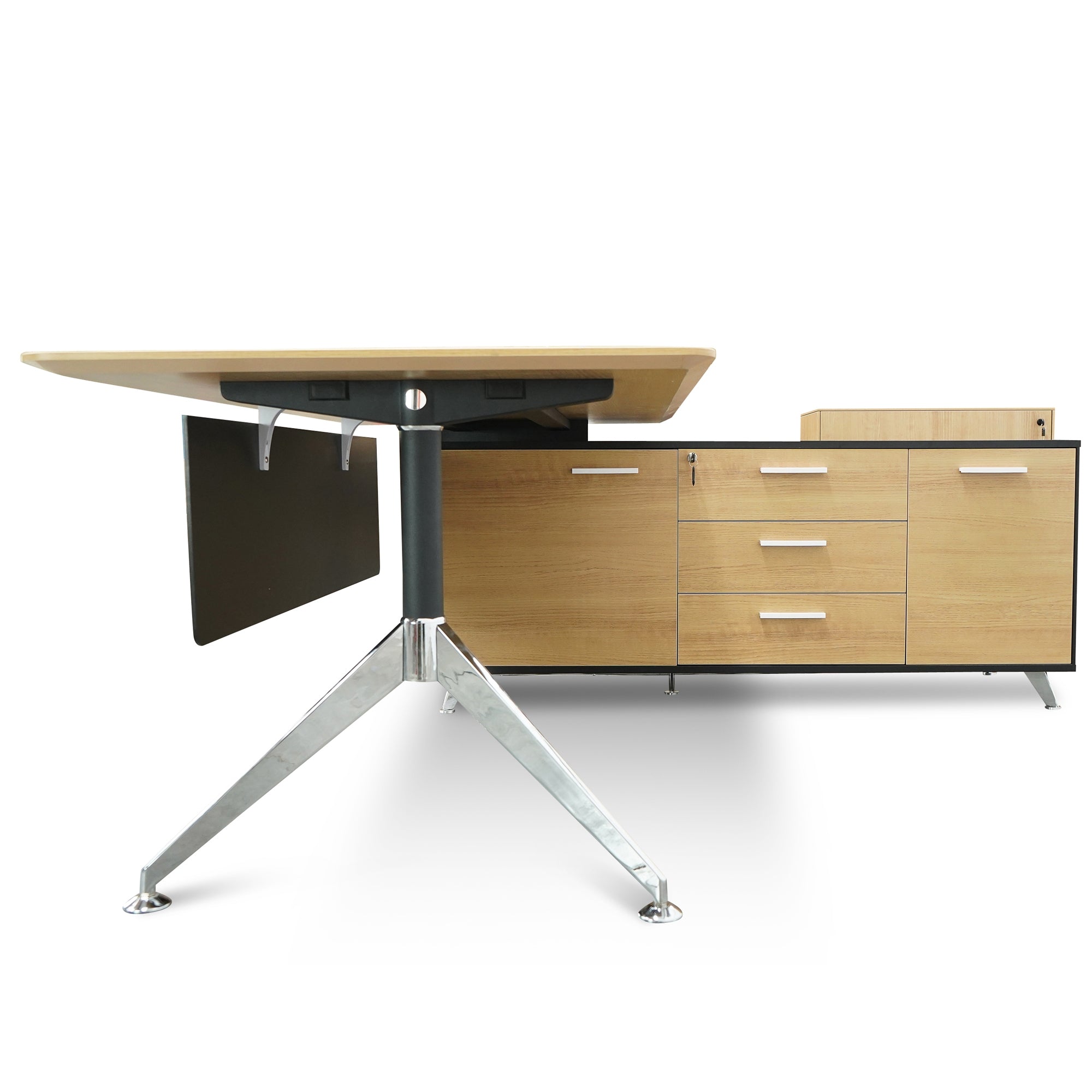 1.95m Executive Desk Right Return - Black Frame with Natural Top and Drawers